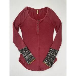Free People Alpine Cuff Thermal Henley Top Waffle Knit Boho Small